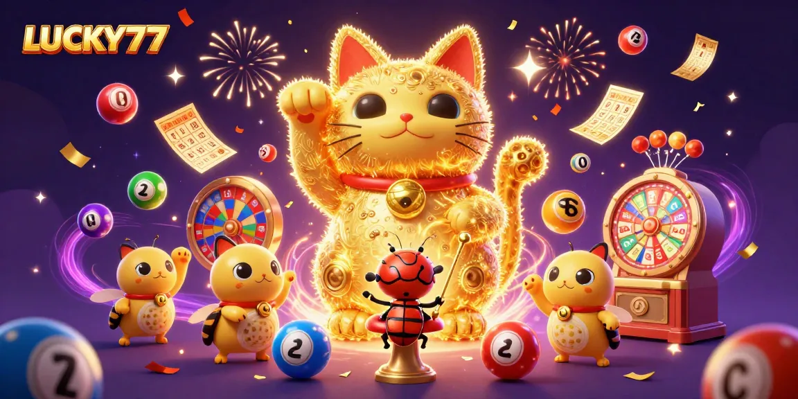 Experience the excitement of LUCKY77 with a vibrant explosion of casino symbols and celebration!