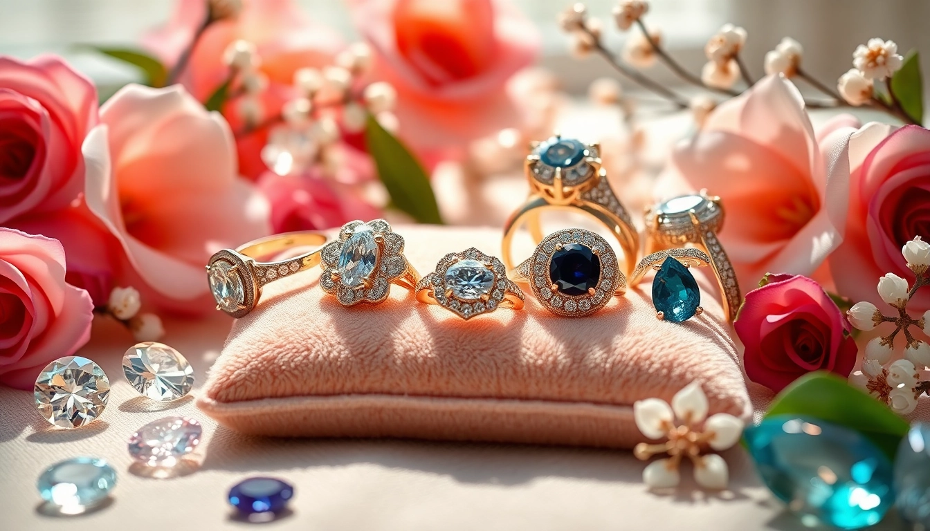 Showcase of exquisite luxury rings featuring intricate designs and dazzling gemstones.