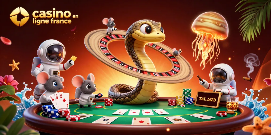 Jouer au casino en ligne France avec une scène animée de serpents et de souris astronautes.