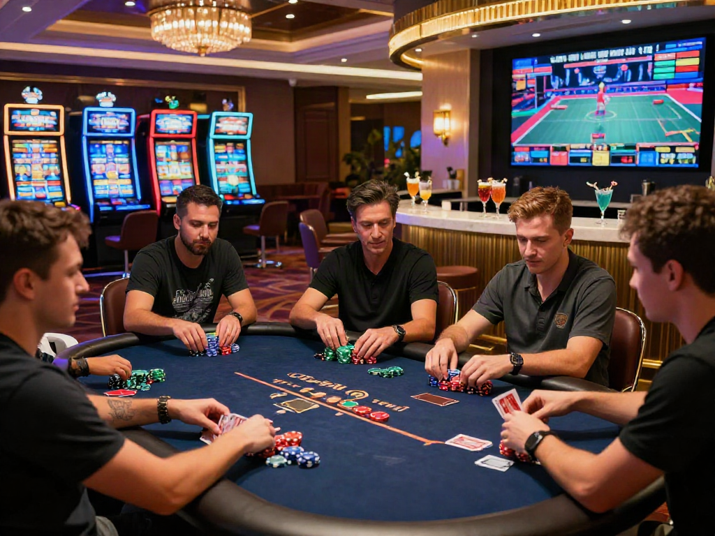 Pengalaman kasino online luxury12 yang mewah dengan pemain bermain poker dan mesin slot berkilauan.