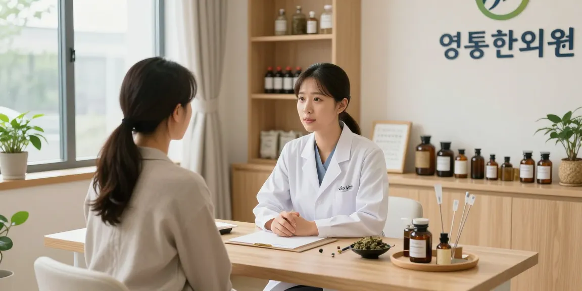 Consultation at 영통한의원, showcasing a health practitioner and patient in a calming clinic.
