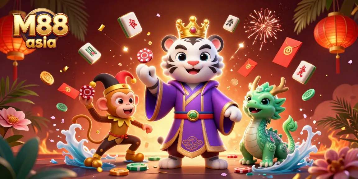 Experience exciting gaming at M88 asia with a vibrant illustration of a white tiger, monkey and jade dragon.