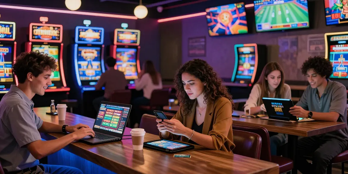 Engaging atmosphere at credit card casinos with players enjoying various games on their devices.