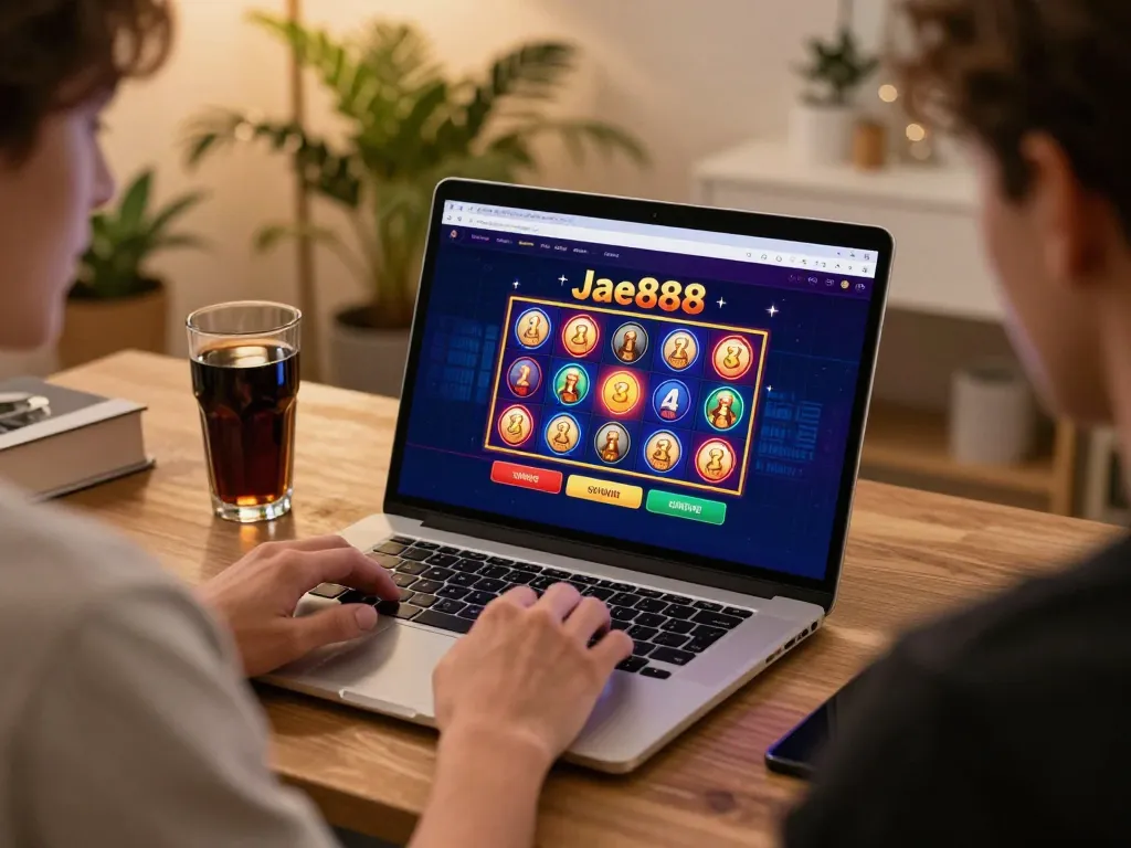 Player engaging with jae888 slots on a sleek laptop at home, showcasing online gambling excitement