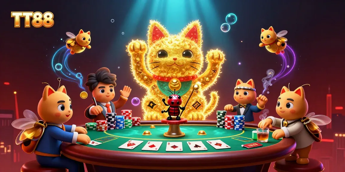 Experience TT88's vibrant casino magic with a glowing lucky cat and dynamic poker scene.