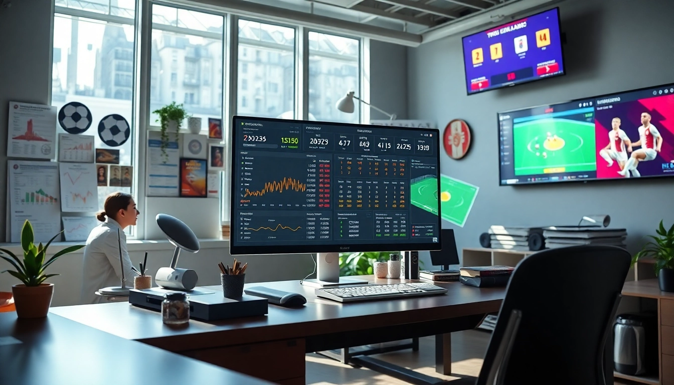 Tỷ lệ kèo displayed on a modern sports analytics office screen with live match stats