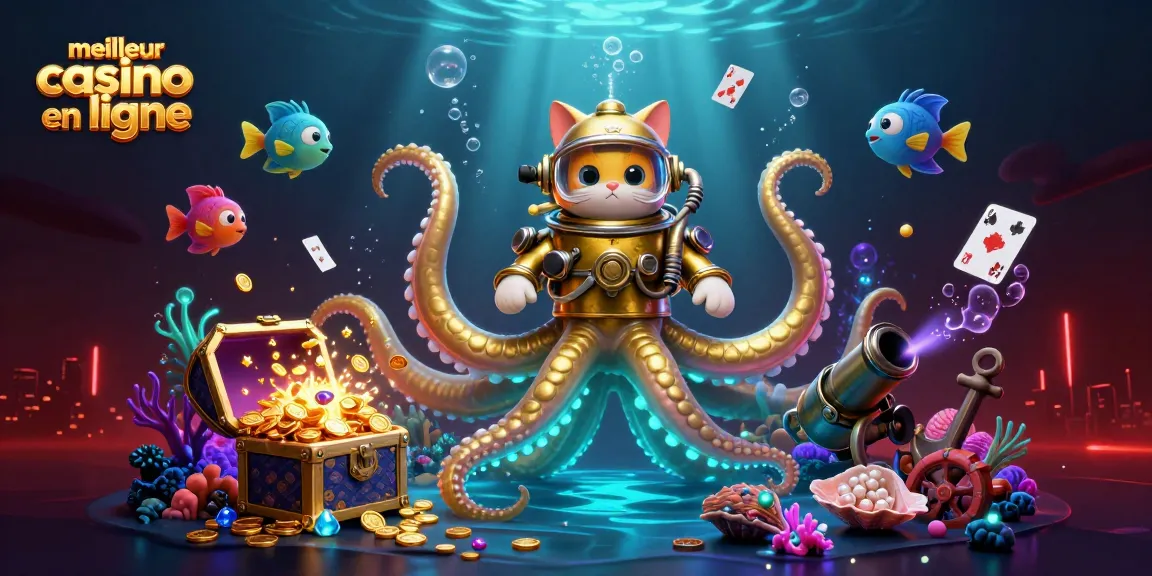 Illustration animée d'un kraken et un chat plongeur, symbole du meilleur casino en ligne.