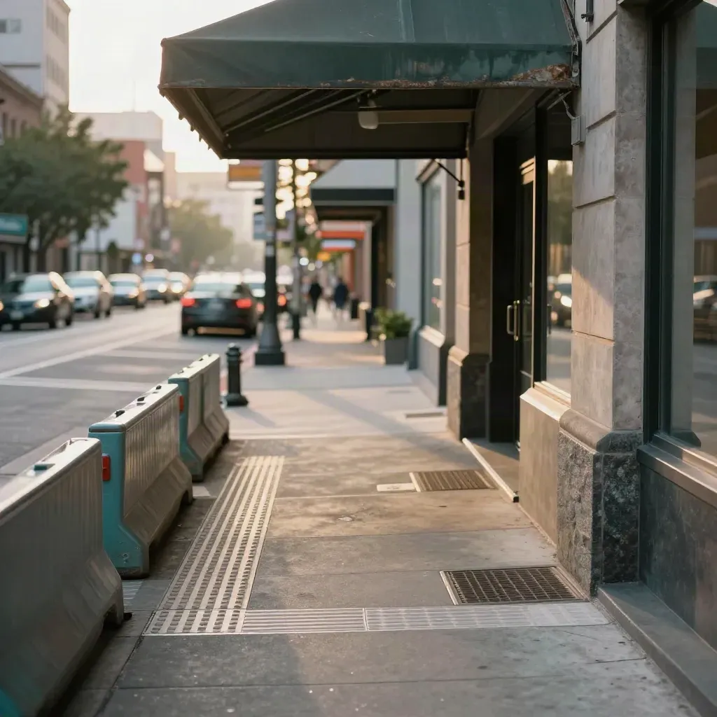 Downtown sidewalk audit with awnings, curb ramps, barriers and a protected crossing in warm light.