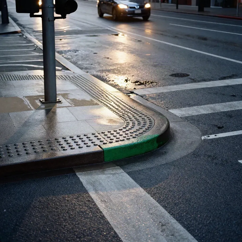 Rain-slick signal corner with refuge island and tactile curb ramp, reflections sharpening at the crossing.