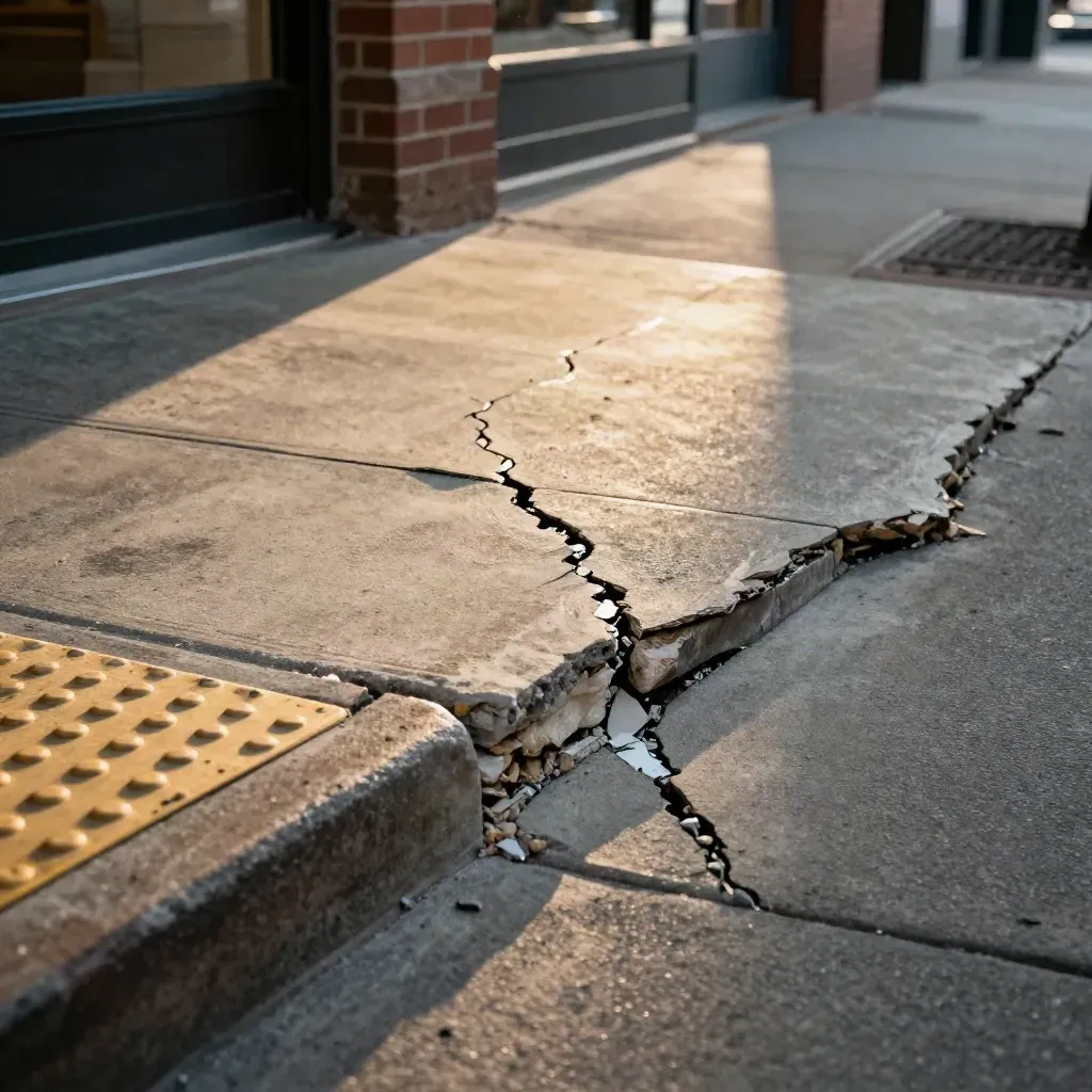 Cracked sidewalk panel and curb ramp lit by low sun, dust in the air.