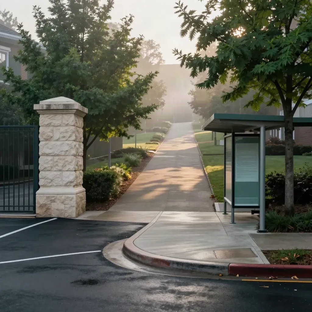 Foggy campus path rising from parking lot to stone gate and bus stop island lined with young trees.