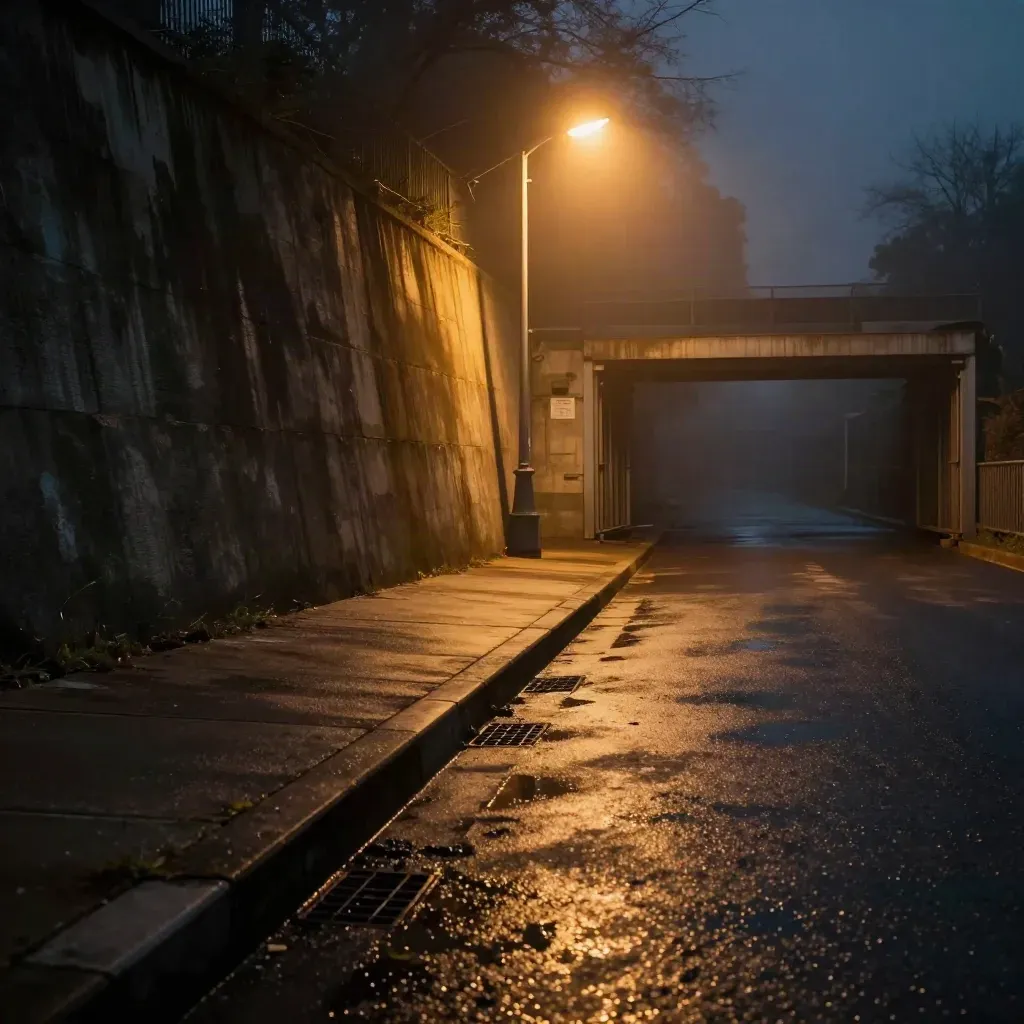 Dim underpass approach with broken streetlight, wet concrete, retaining wall, sealed gate, and mist