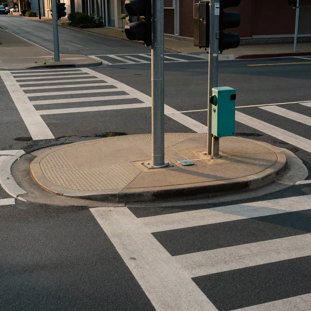 Empty signalized intersection with refuge island, diagonal crosswalks, and wet asphalt