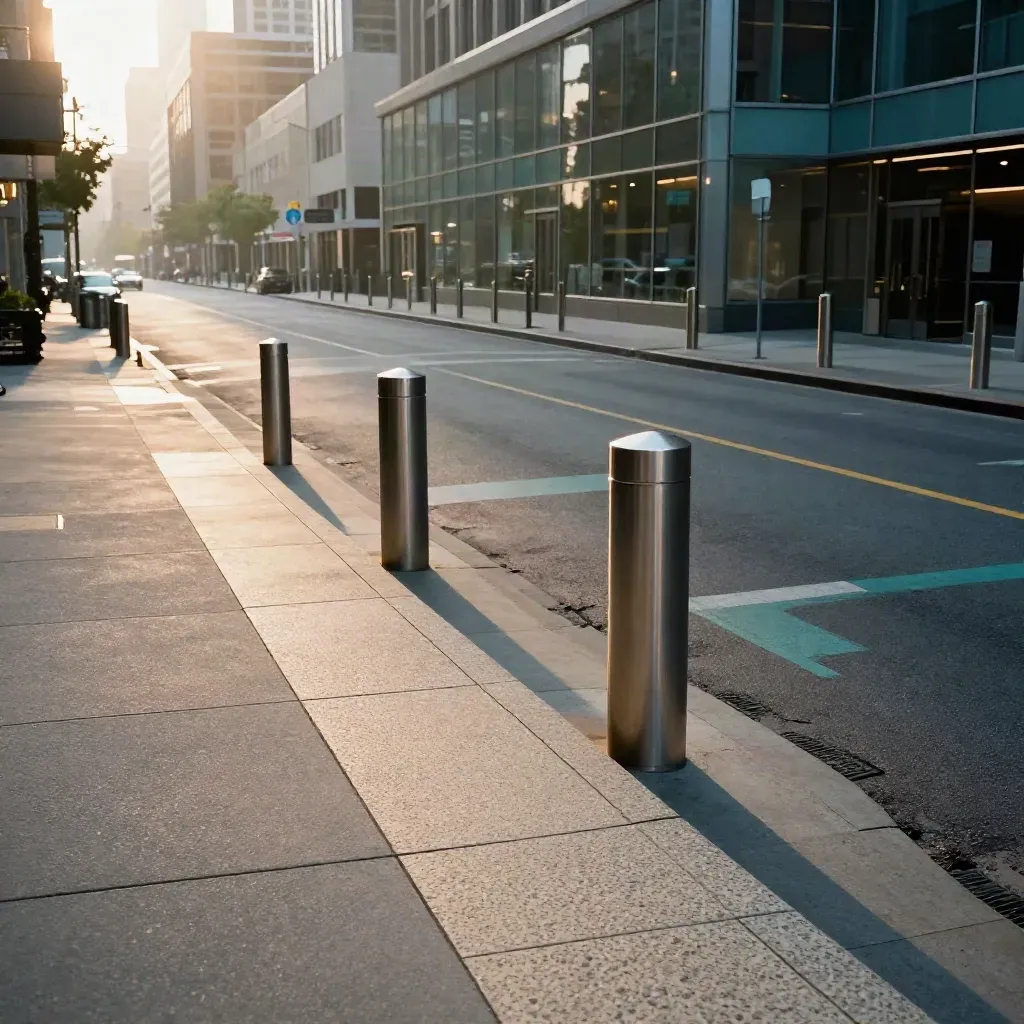 Curb-height downtown crossing by glass storefronts, travertine ramps and a teal street accent at sunrise