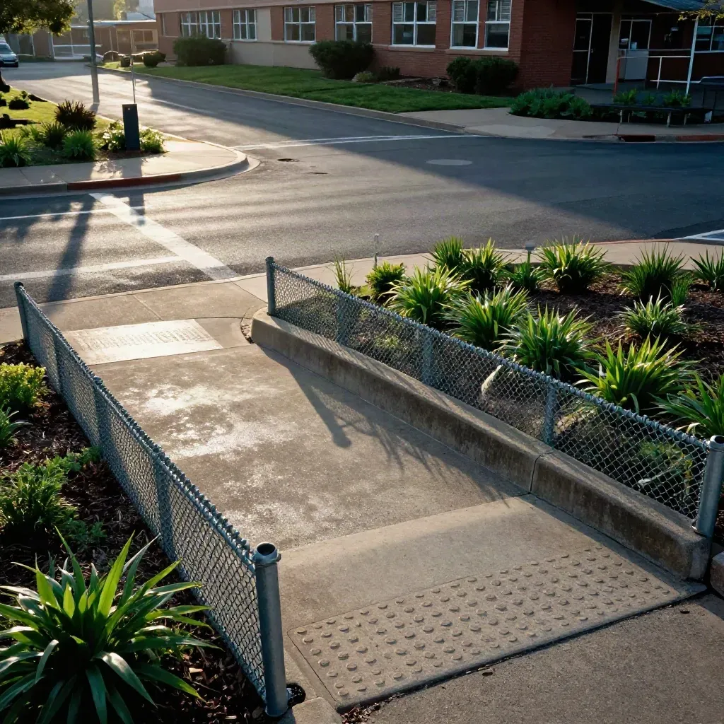 School-zone corner with curb ramp, fenced drop-off edge, and wet morning crosswalk geometry.