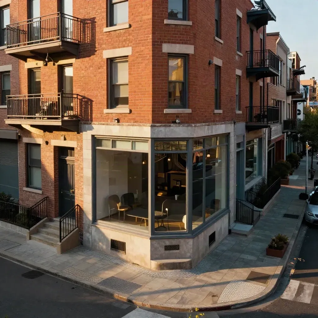 High balcony view of a brick corner with storefronts, curb cuts, and long late-day shadows.