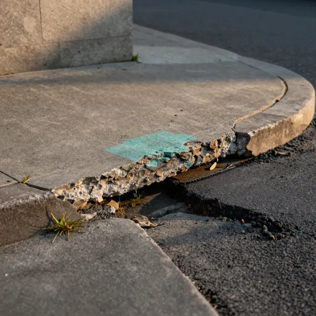 Broken sidewalk gap with a temporary patch, curb verge, and windblown grit in warm late light.