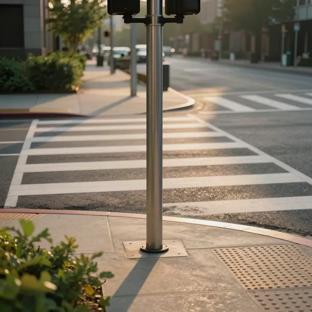 Empty corner crossing with signal pole, refuge island, stop line and soft mist