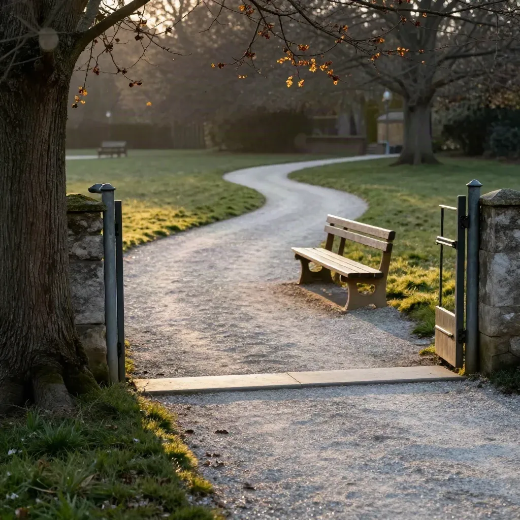 Park gate, looping path, benches and stone edge seen through a tree trunk at golden hour.
