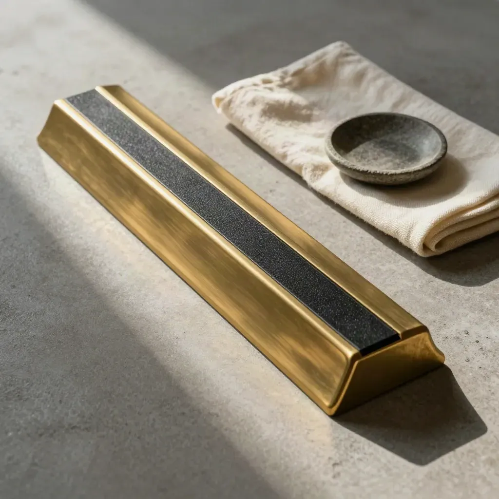 Overhead flatlay of a brass curb-ramp tile with tactile strip, cloth, and stone dish.