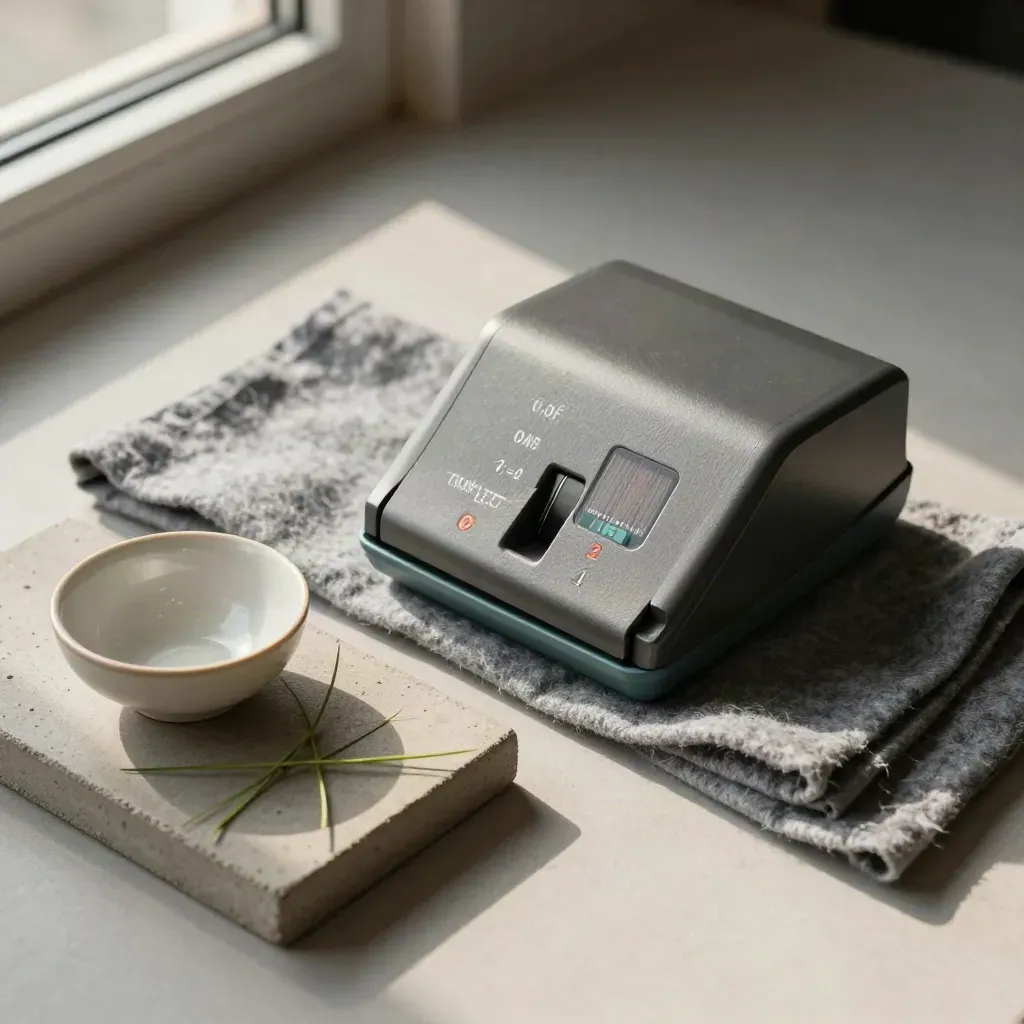 Face-down tally counter on concrete tray with gray cloth, ceramic bowl and grass sprig.