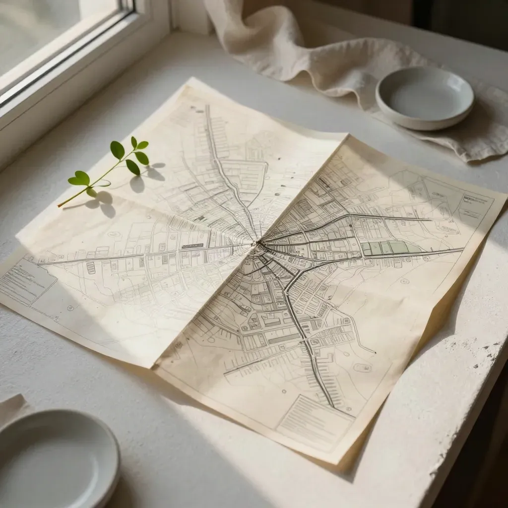 Flatlay of a folded route map with plant stem, ceramic dish, and linen swatch.