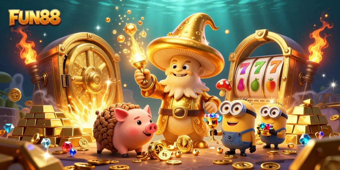Immerse in the FUN88 magic where a wizard and his treasure-hunting companions summon riches in a vibrant casino scene.