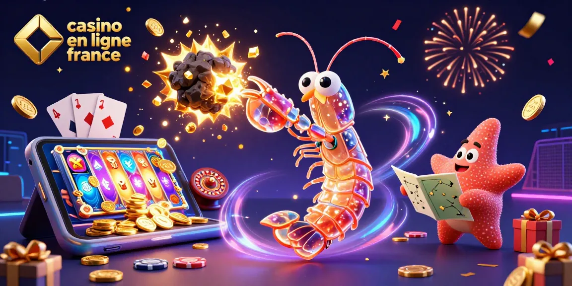 Un samouraï mante en armure éclatante dans un casino en ligne France, frappant un astéroïde explosant des gemmes dorées.