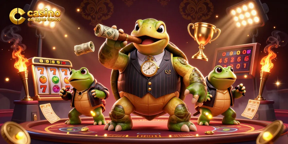 Une ambiance ludique unique au casino en ligne France avec une tortue mobster et des grenouilles.