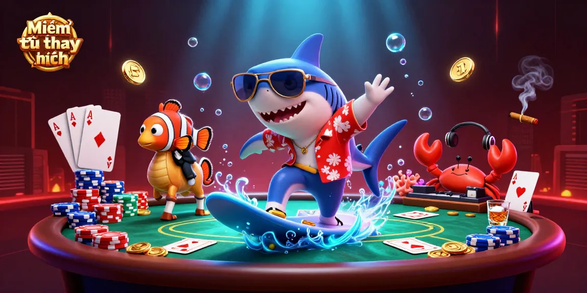 Experience "Miễn trừ trách nhiệm" in this vibrant, dynamic casino scene with sharks and poker elements.