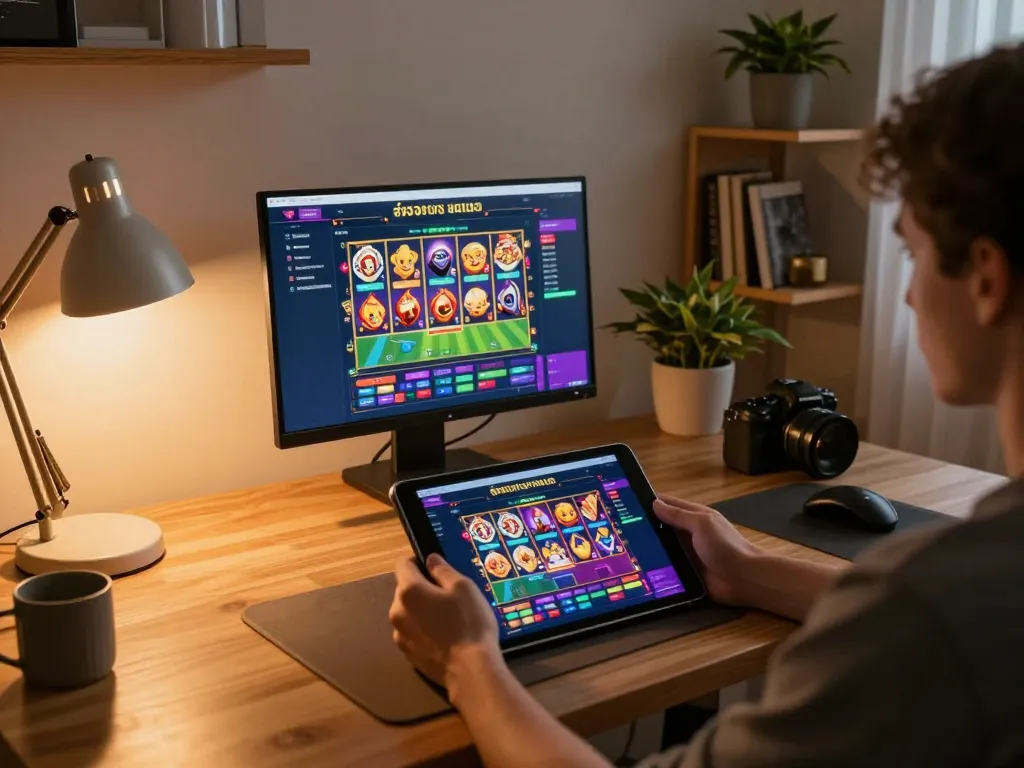 Engaging สล็อตทดลอง session on a tablet in a cozy home environment, highlighting online gaming.