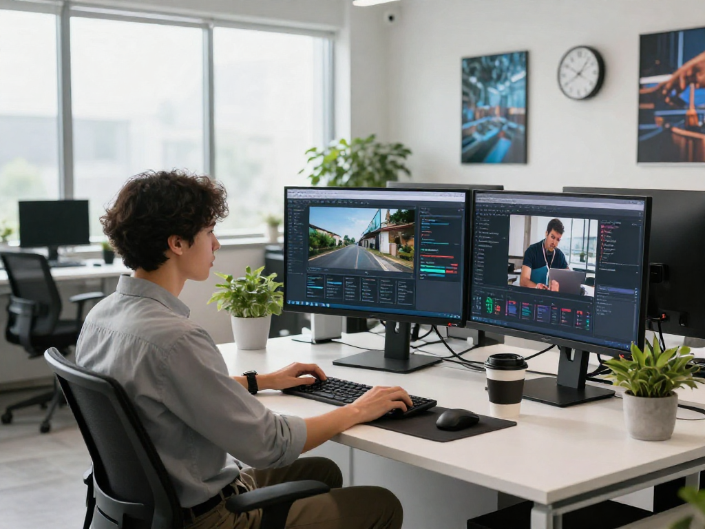 AI image detector interface displayed on multiple screens in a modern content moderation workspace.