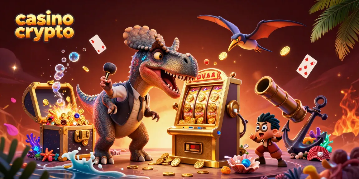 Scopri il casino crypto mentre un pachycephalosaurus colpisce una macchina a jackpot che eroga monete d'oro.