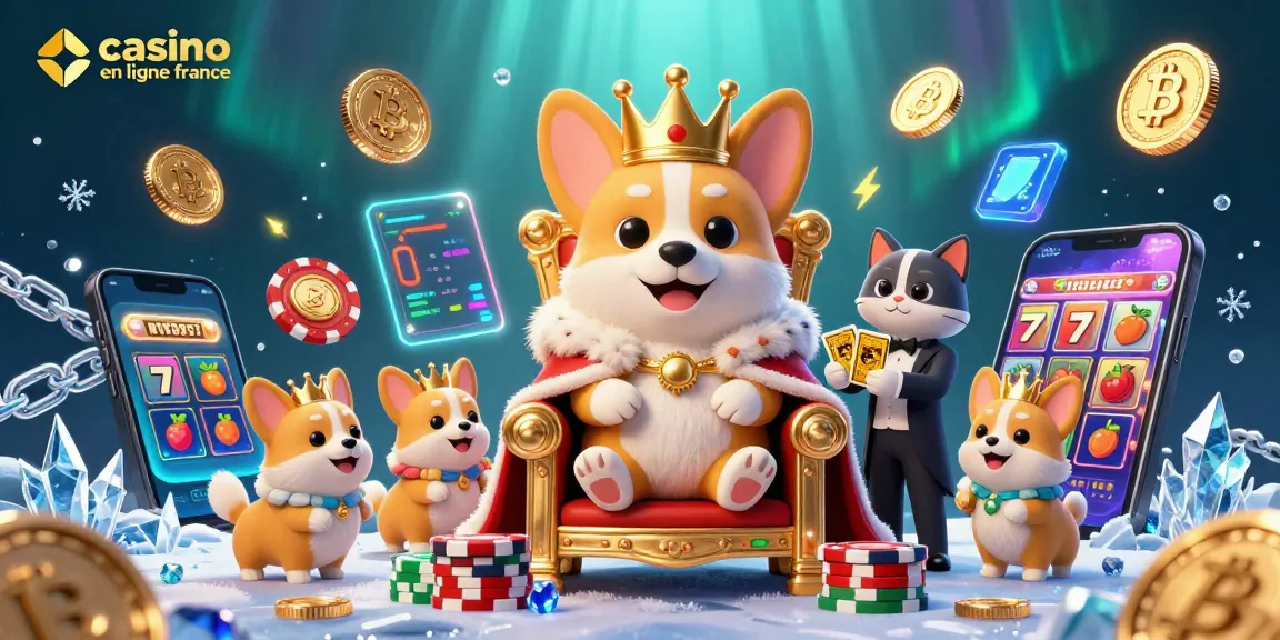 Casino en ligne France : Illustration d'un corgi royal, icônes de jeux et crypto-monnaies.