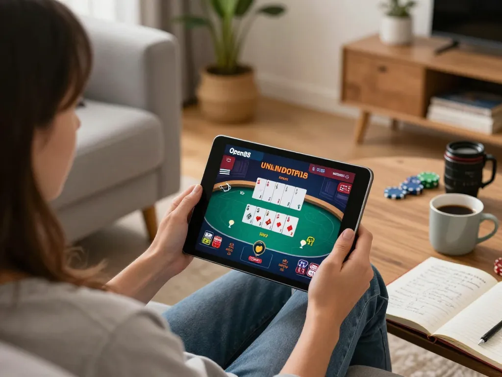 Engaging gameplay on Open88 poker app showcased on tablet in cozy home setting.