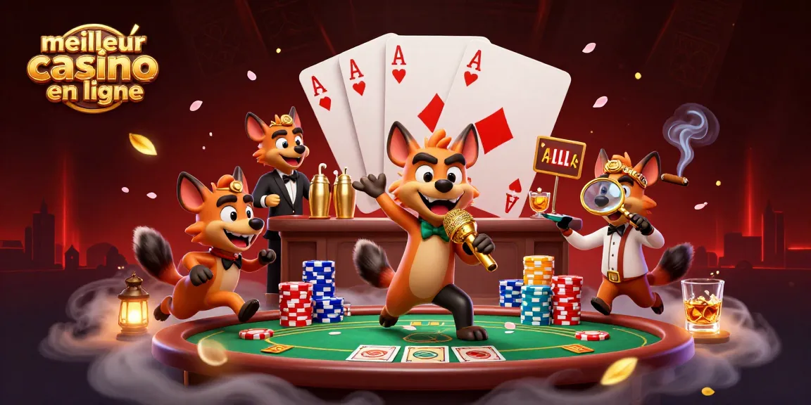 Jouez au meilleur casino en ligne avec des hyènes animées s'amusant autour d'une table de poker.