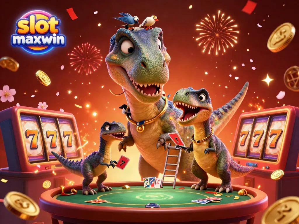 Engage with slot maxwin through an imaginative illustration of a dinosaur in a vibrant casino environment.