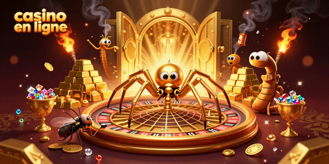 Illustration dynamique d'un casino en ligne avec une araignée dorée et une croupière centipède, illustrant l'excitation du jeu.