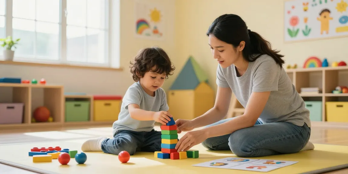 Occupational therapy near me, child stacking blocks under therapist's guidance in colorful therapy room.