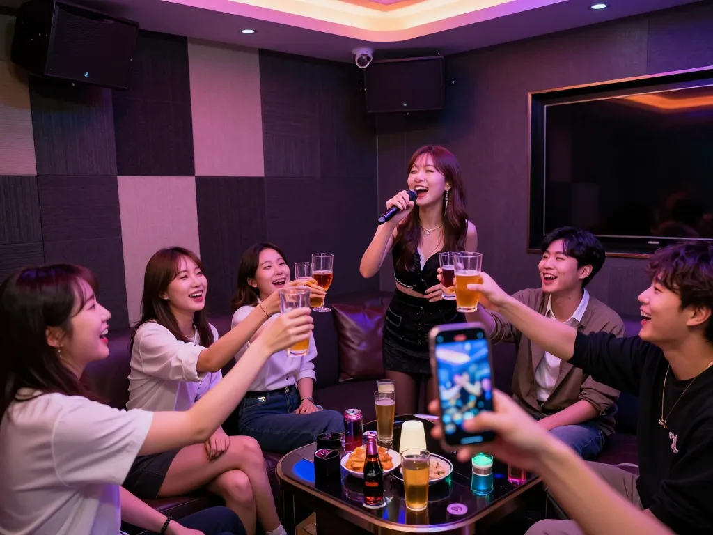 Enjoying a fun karaoke night at 인천쓰리노 with friends in a vibrant private room.