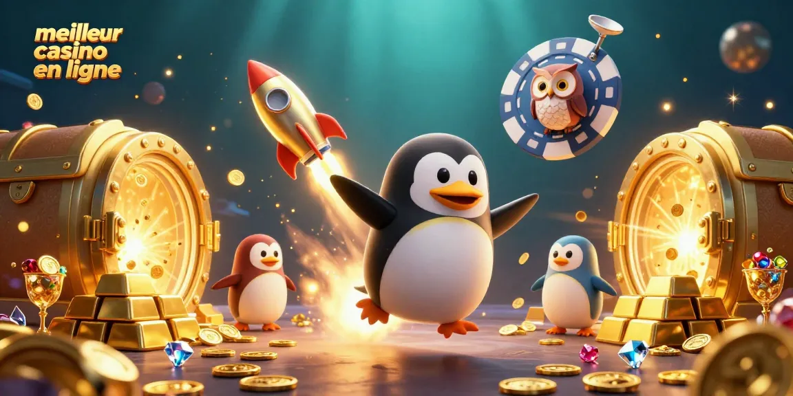 Jouez au meilleur casino en ligne avec un pingouin doré propulsé par une fusée dans une scène spatiale ludique.
