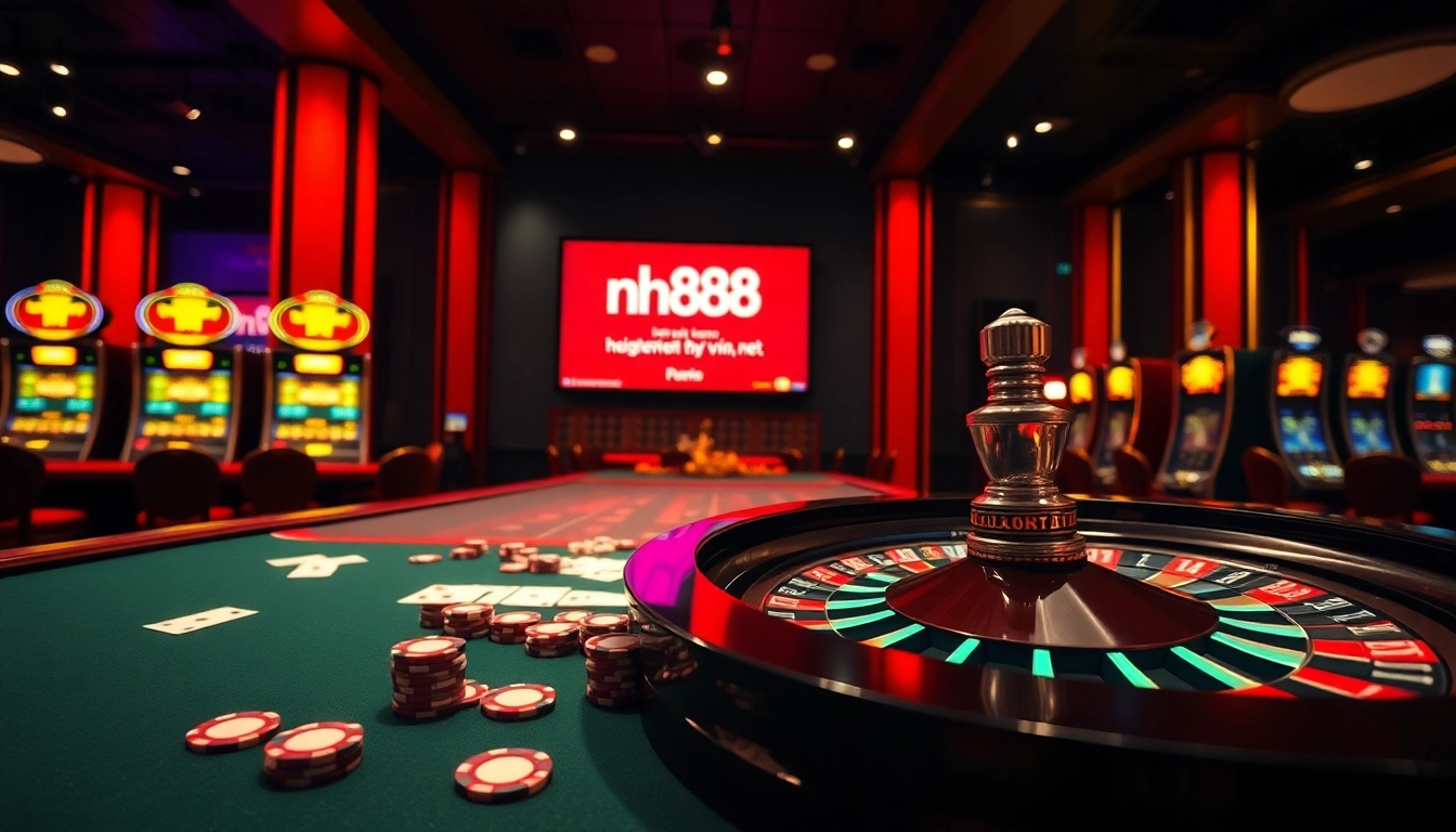 The luxury of gambling at nh88vn.net featuring roulette, poker chips, and vibrant slot machines.