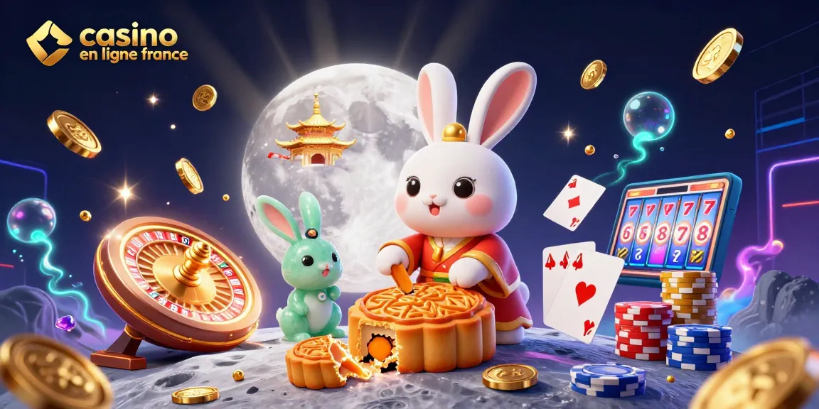Illustration dynamique avec un lapin lunaire et des rouleaux de casino, illustrant "casino en ligne france".