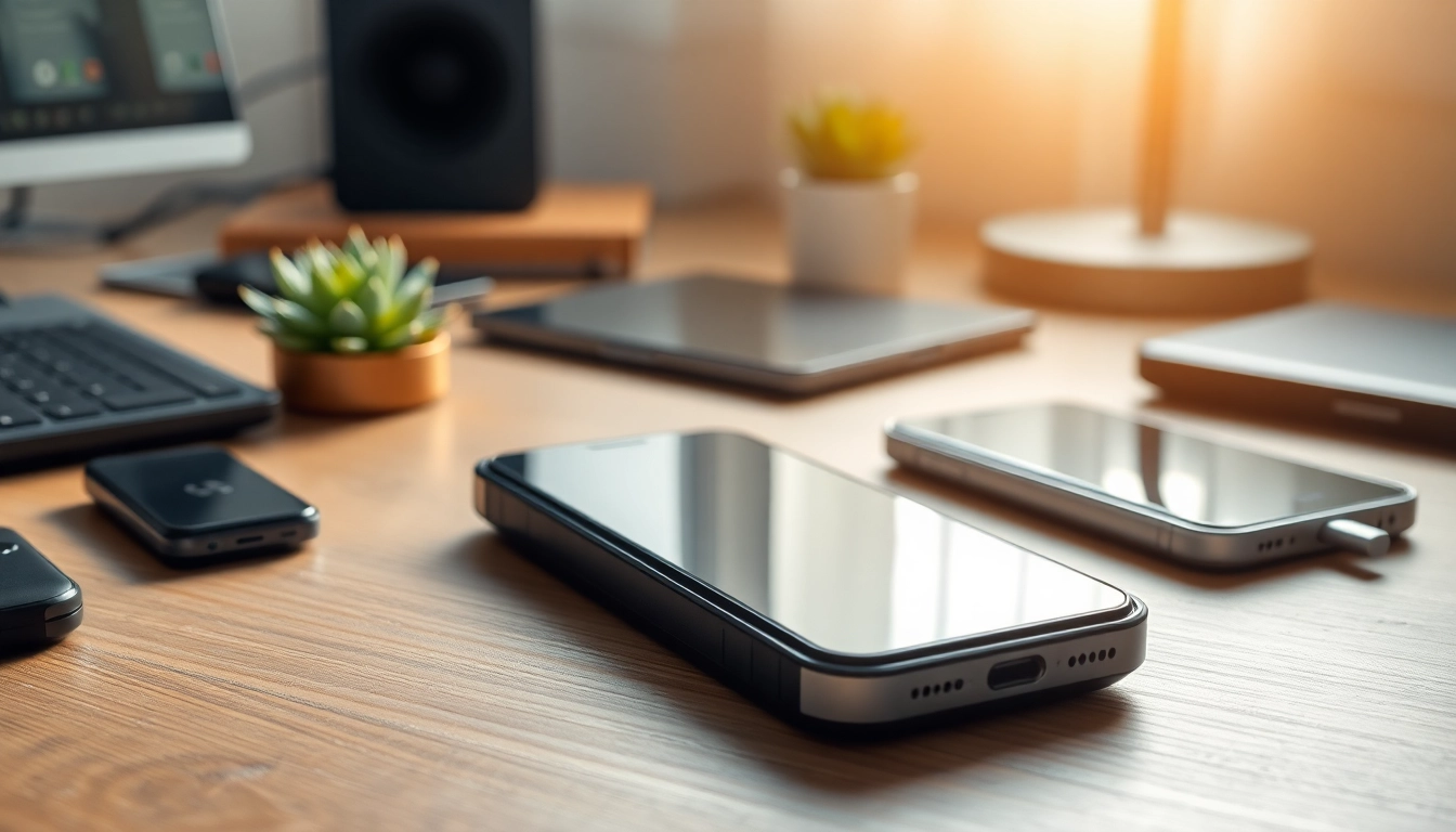 Phonelocker auf einem Schreibtisch, darunter moderne Gadgets und natürliche Beleuchtung.