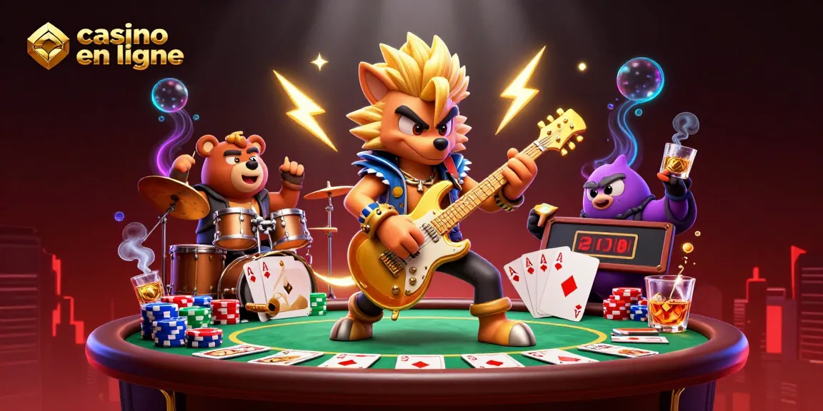 Casino en ligne animé avec un loup rockeur et des éléments de poker, vibrant d'énergie.
