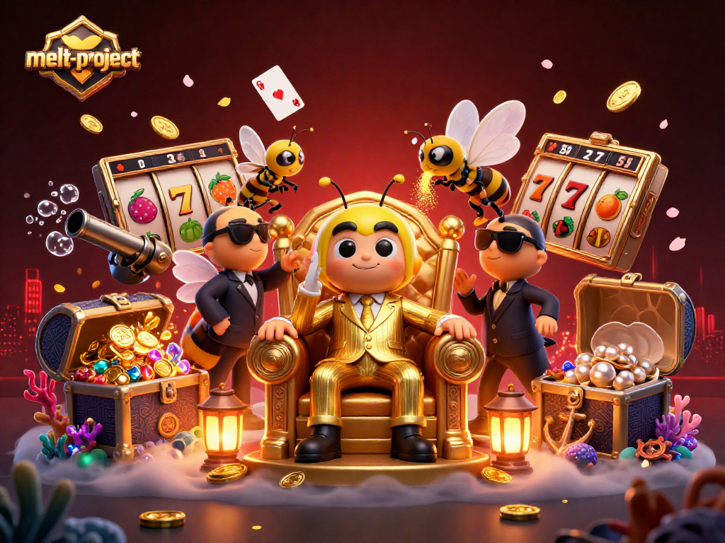 Melt-project showcases a bumblebee mob boss in a vibrant casino scene filled with gold coins and slot reels.