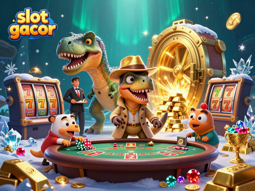 Experience the excitement of slot gacor with a cartoon velociraptor card counter at a blackjack table, surrounded by treasures.
