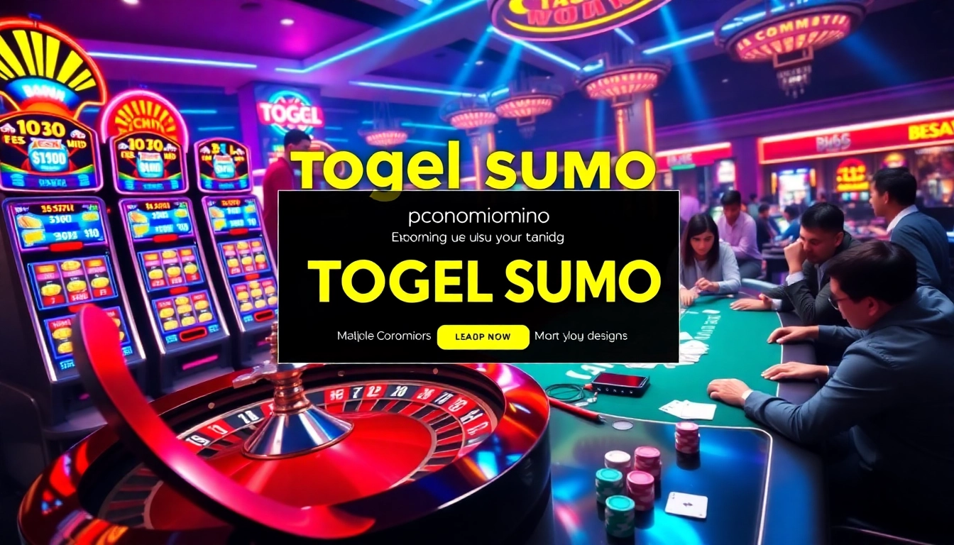 Platform permainan Togel Sumo yang menampilkan mesin slot warna-warni dan adegan roulette yang menarik.