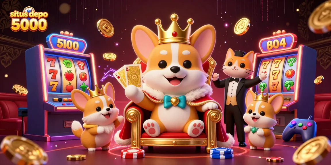 Situs depo 5000 menghadirkan tampilan slot ikonik dengan korgi kerajaan yang bersinar di atas tumpukan chip poker
