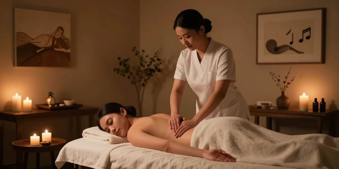 Massage therapist providing a calming 마사지 experience in serene spa room with soft lighting.